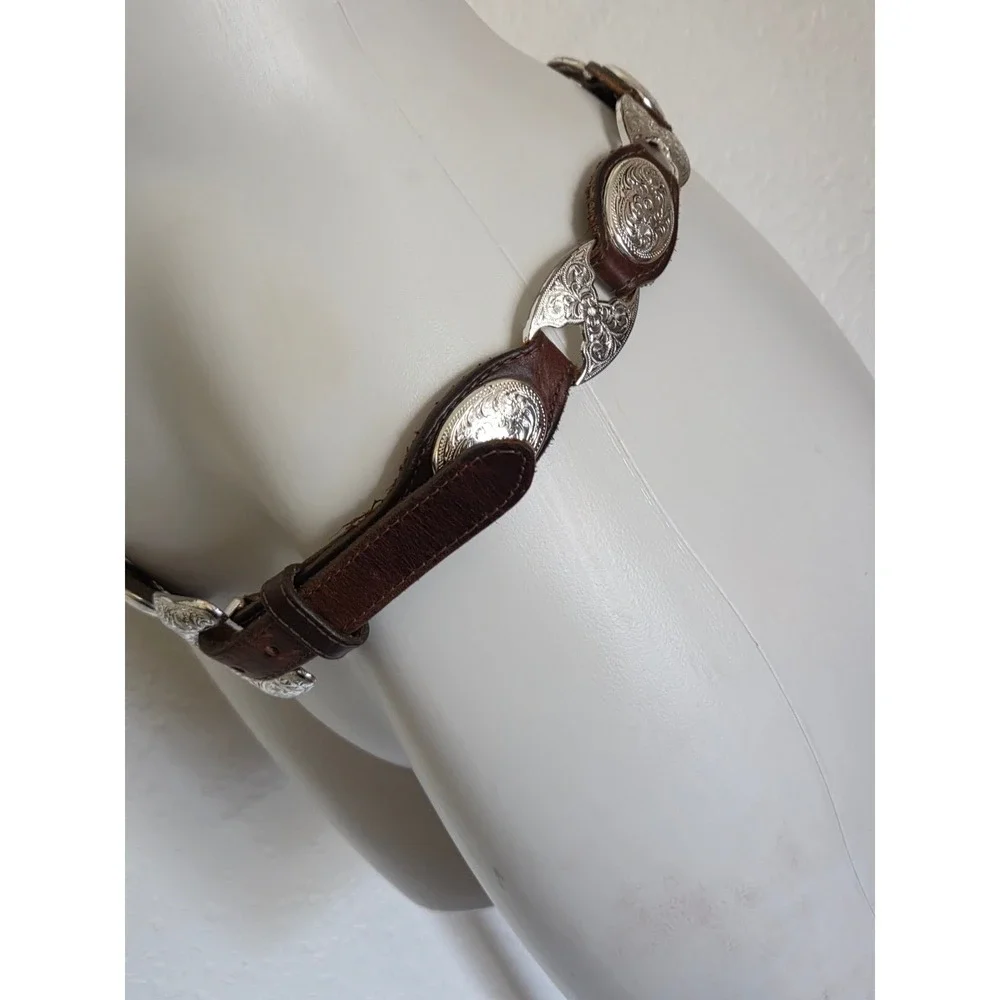 Vintage Brown Leather Western Concho Belt Silver Engraved Floral Boho Womens 34